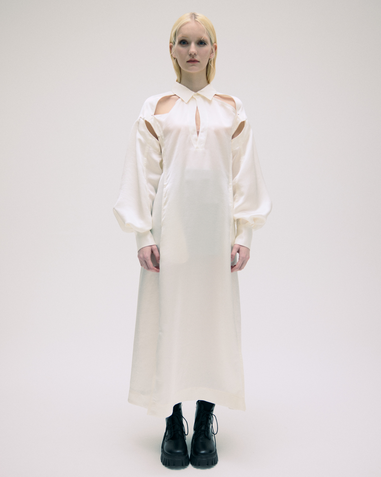 BALLOON SLEEVE CUTOUT SHIRT DRESS